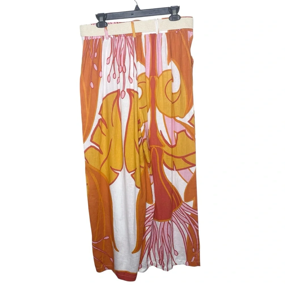 Rachel Zoe Tropical Print Linen Rayon Wide Leg Pants with Belt XL - Picture 2 of 11